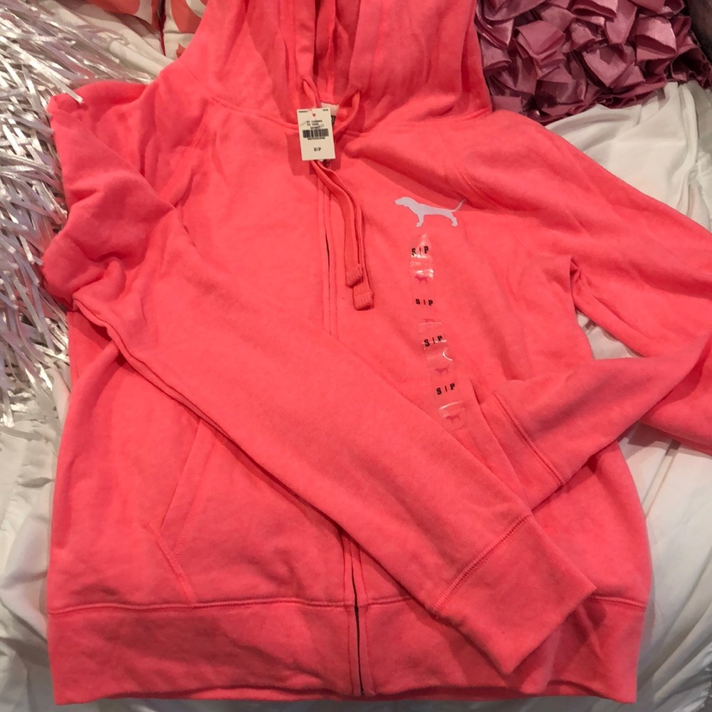 VS Pink Zipper Hoodie in that Coveted Soft &Bright Pink  with white Lettering,S